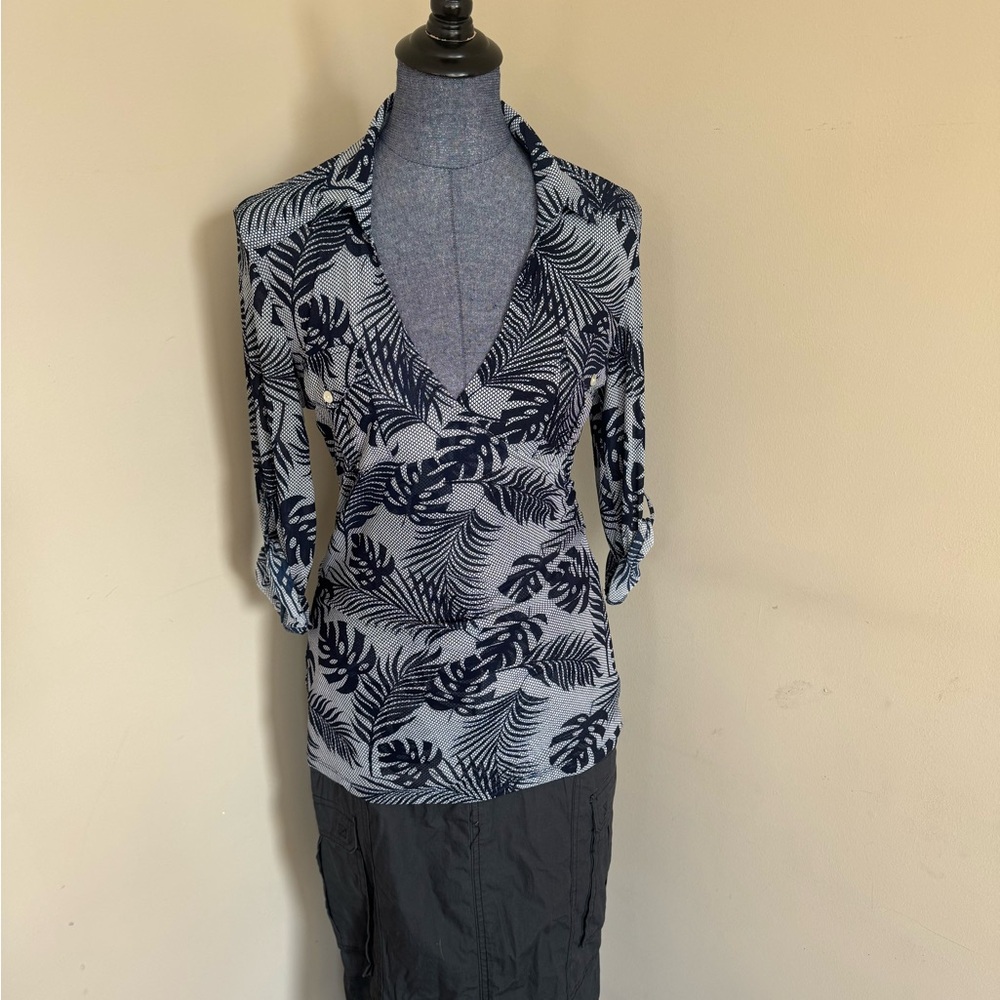 Navy and White Leaf Print Blouse